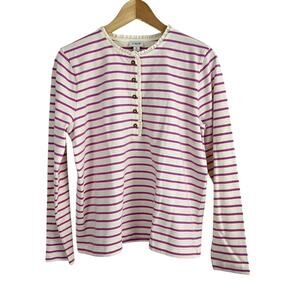J.CREW Factory Striped Ruffle Collar Henley Top White Pink Size Medium